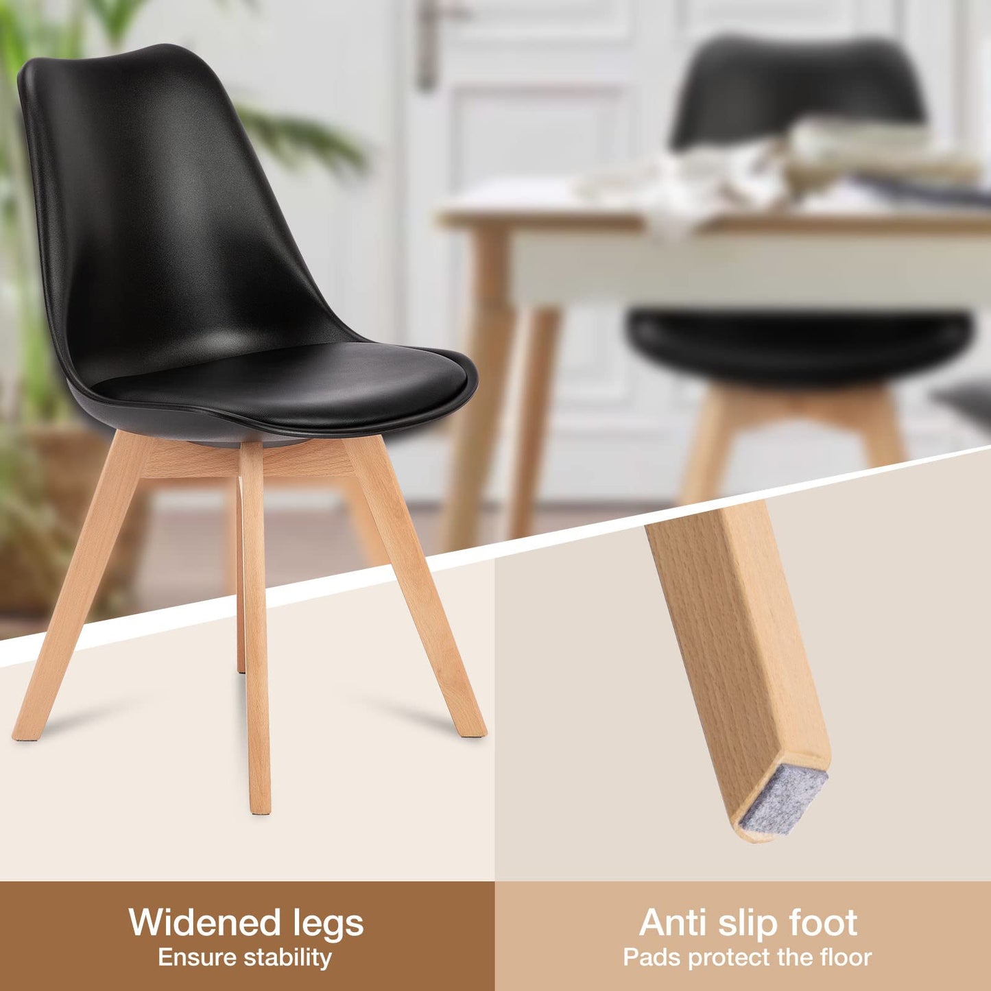 Set of 4 Dining Kitchen Mid-Century Modern Chairs with Wood Legs and PU Leather Cushion