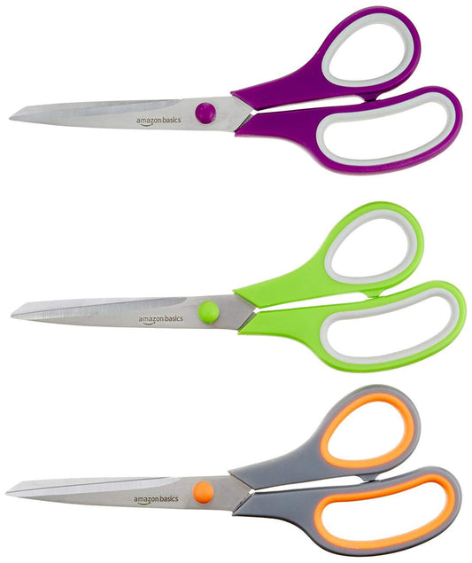 Scissors for Office Stainless Steel, Purple, Green & Grey, 3 Pack