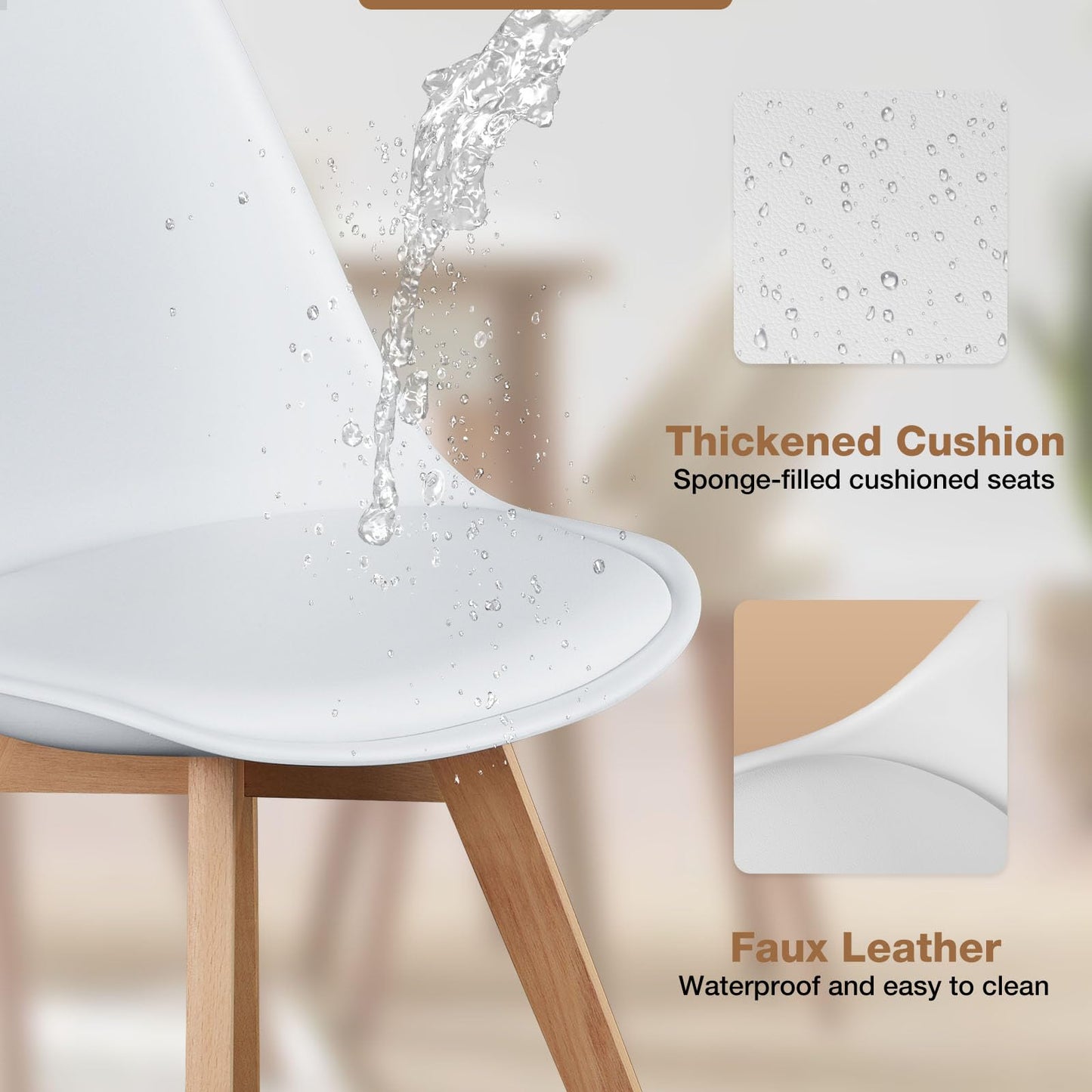 Set of 4 Dining Kitchen Mid-Century Modern Chairs with Wood Legs and PU Leather Cushion