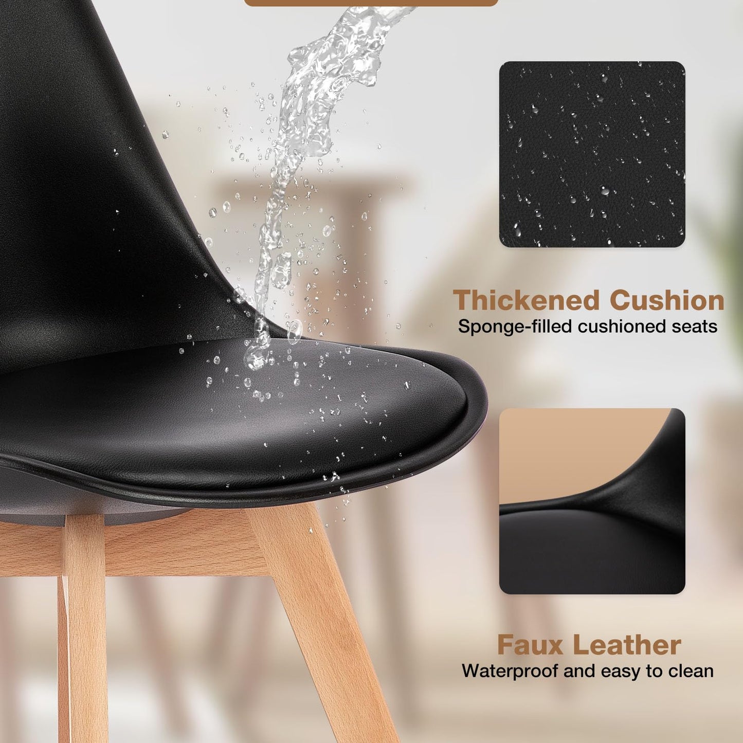 Set of 4 Dining Kitchen Mid-Century Modern Chairs with Wood Legs and PU Leather Cushion